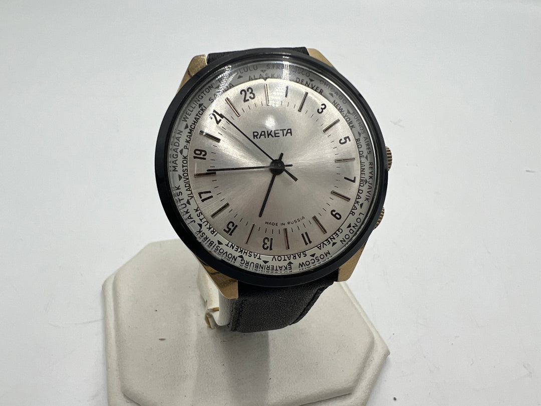 u088 Raketa World Timer 24hr Movable w/ Black Leather Strap