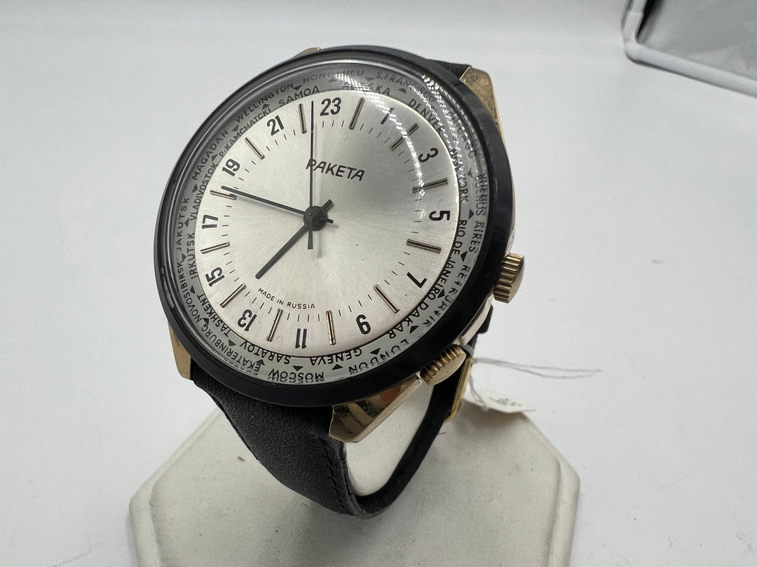 u088 Raketa World Timer 24hr Movable w/ Black Leather Strap