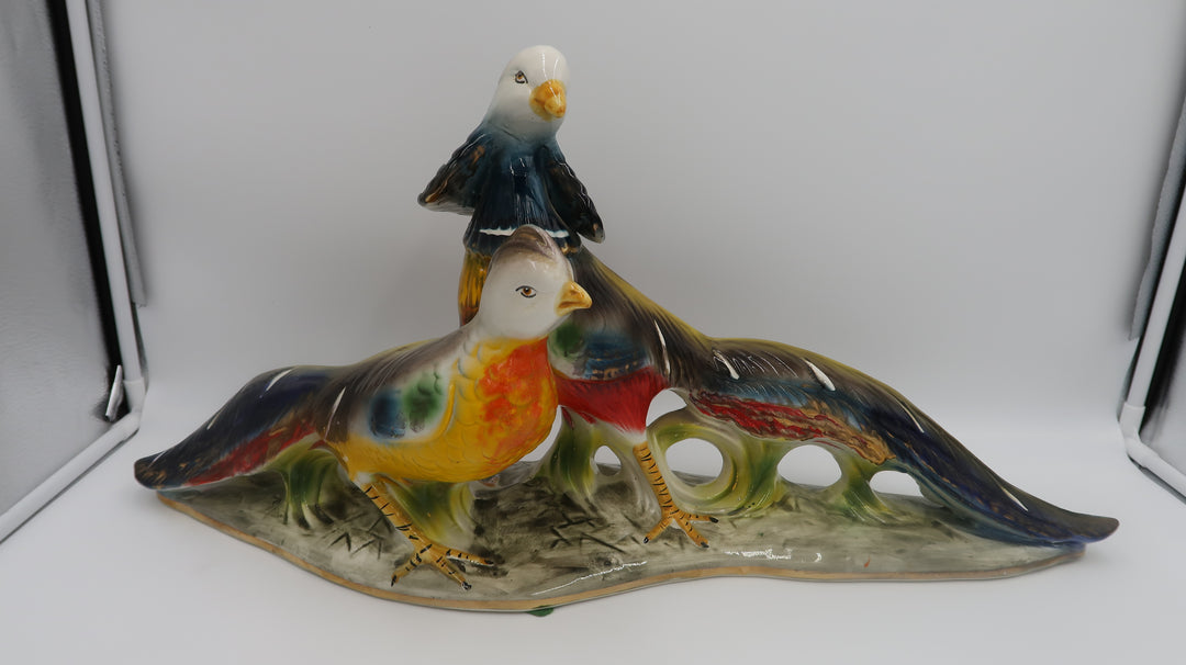 t545 Rare Italian Glazed Ceramic Pheasant Pair Sculpture Majolica Mid Century Large