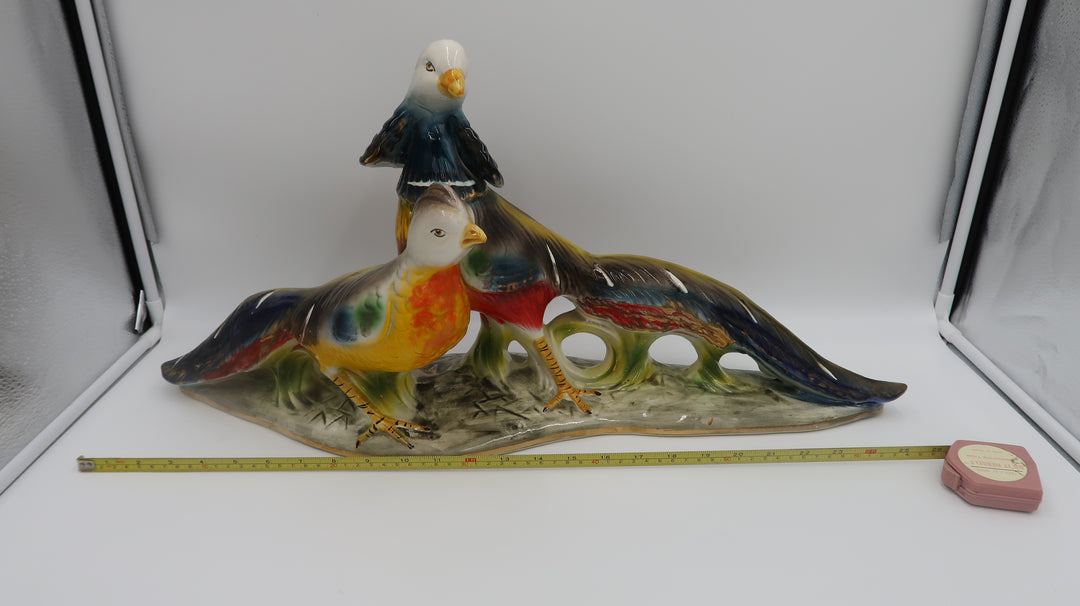 t545 Rare Italian Glazed Ceramic Pheasant Pair Sculpture Majolica Mid Century Large