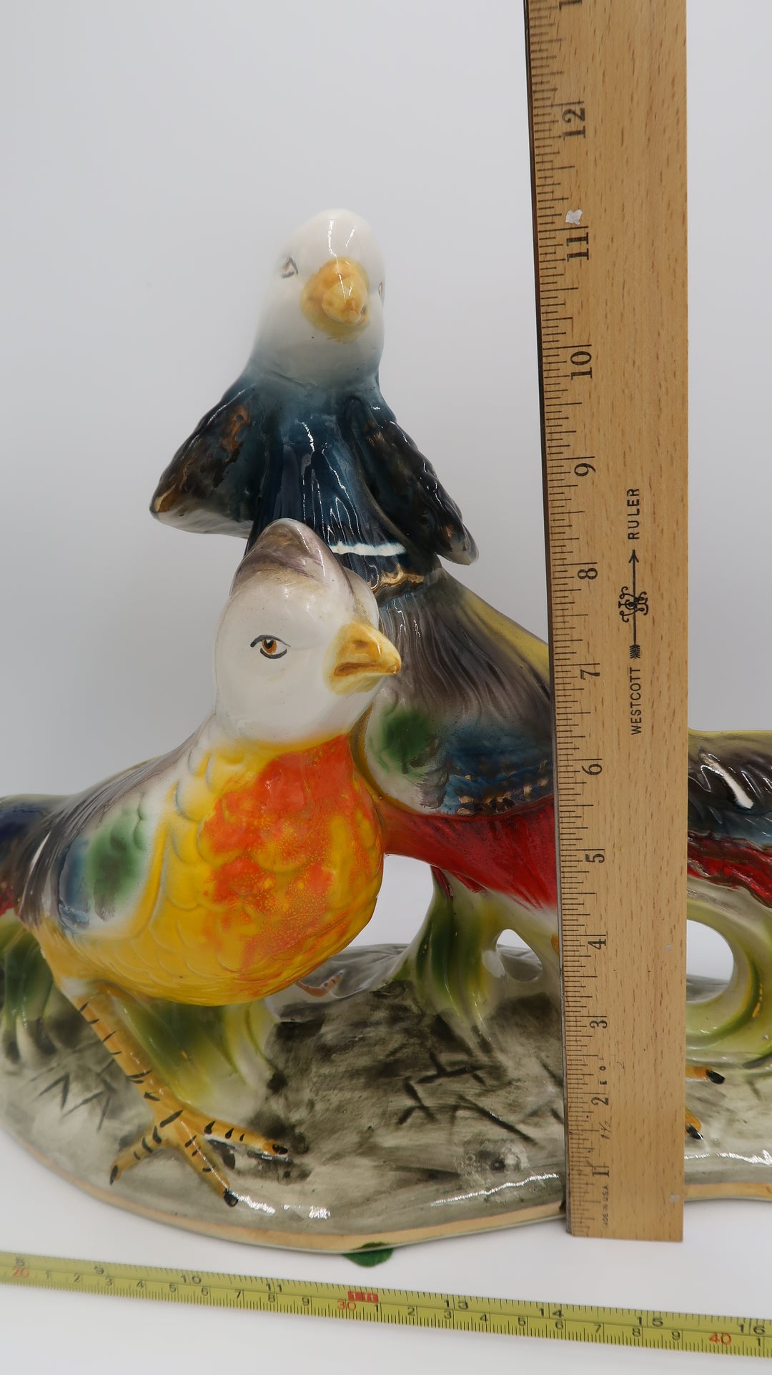 t545 Rare Italian Glazed Ceramic Pheasant Pair Sculpture Majolica Mid Century Large