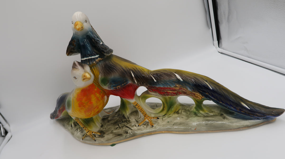 t545 Rare Italian Glazed Ceramic Pheasant Pair Sculpture Majolica Mid Century Large