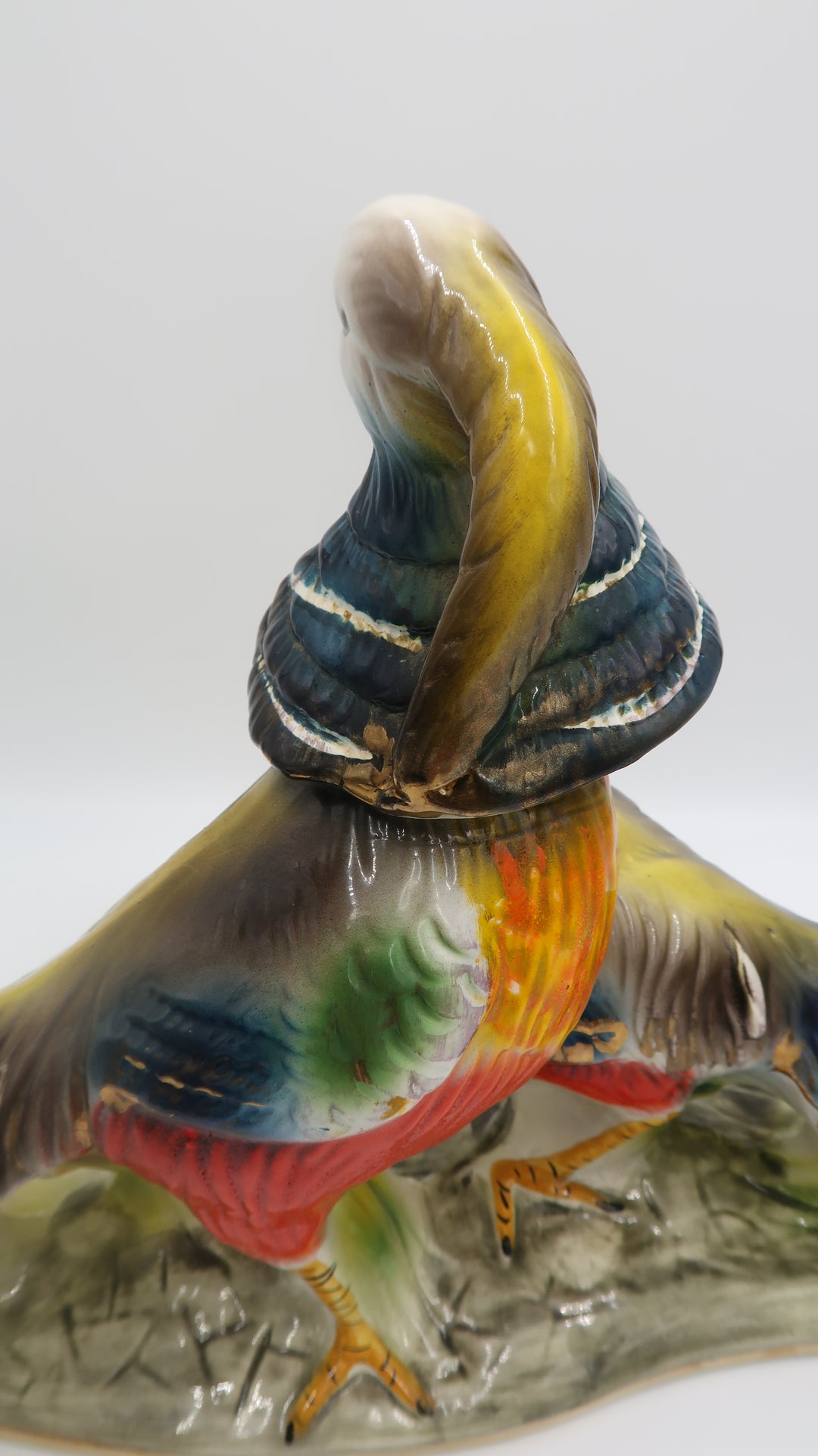 t545 Rare Italian Glazed Ceramic Pheasant Pair Sculpture Majolica Mid Century Large