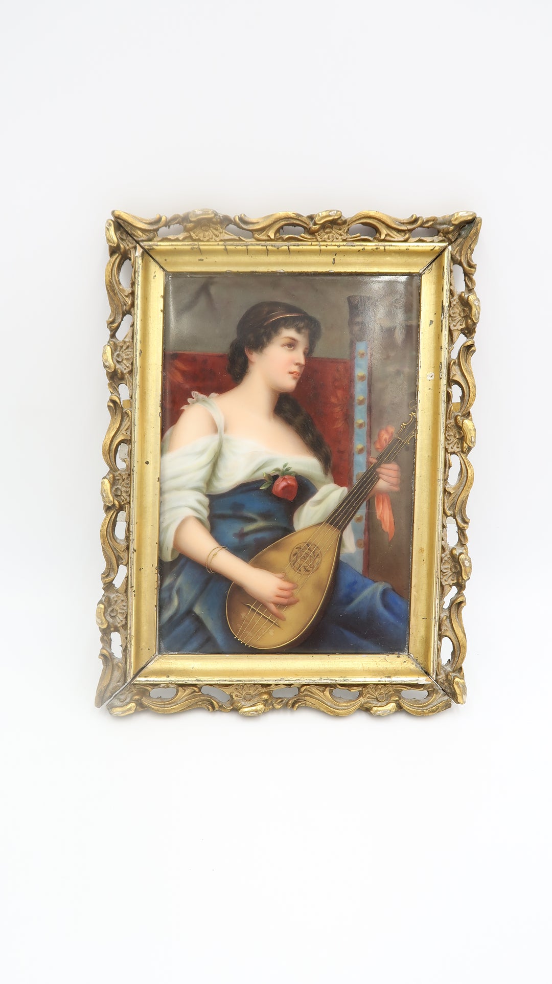 t556 Antique Early 20th Century German Porcelain Plaque Painting, Framed