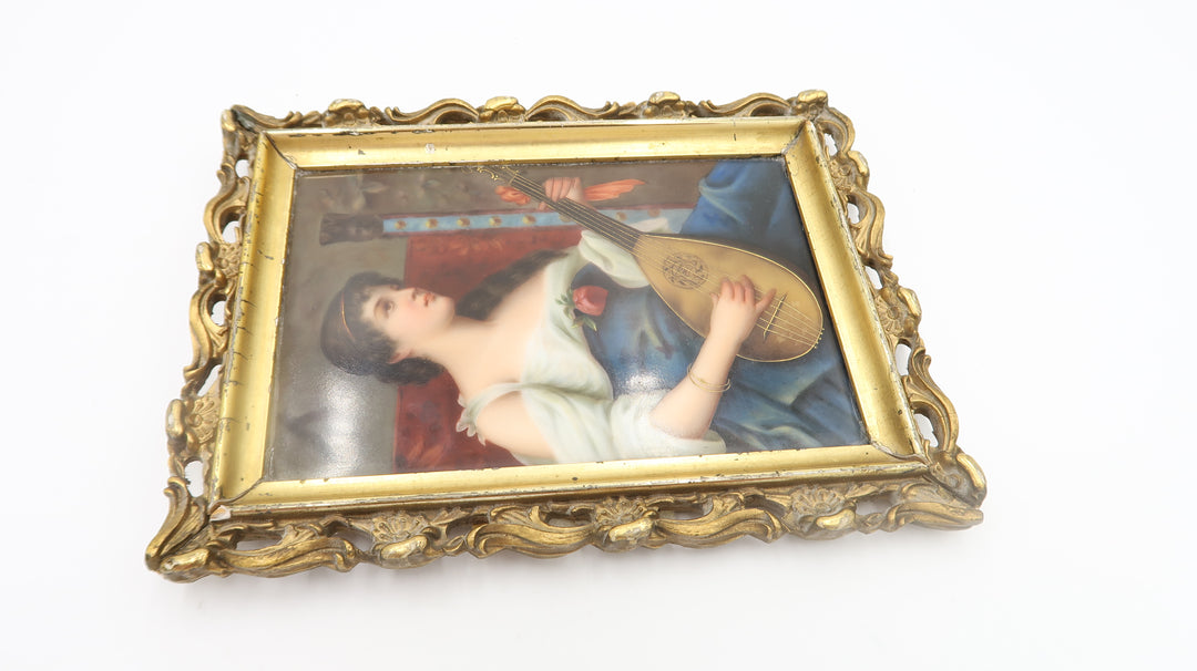 t556 Antique Early 20th Century German Porcelain Plaque Painting, Framed