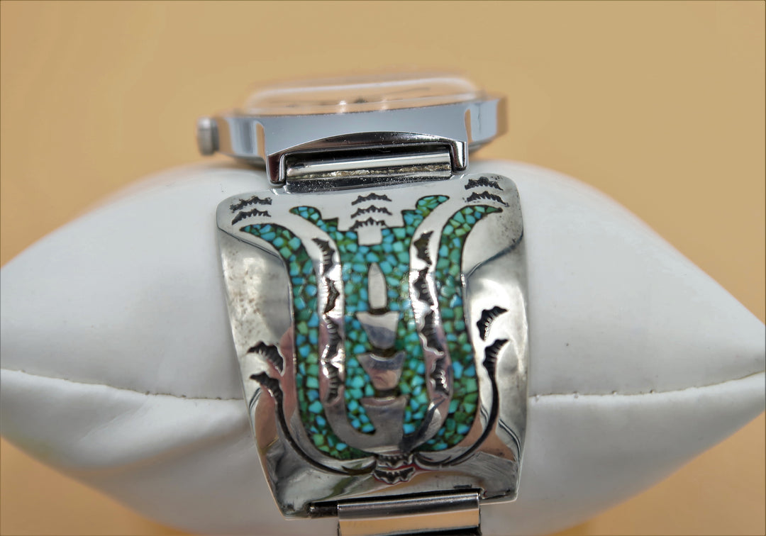 K428 Stunning Navajo Sterling Turquoise Watch Band with Automatic Timex Watch