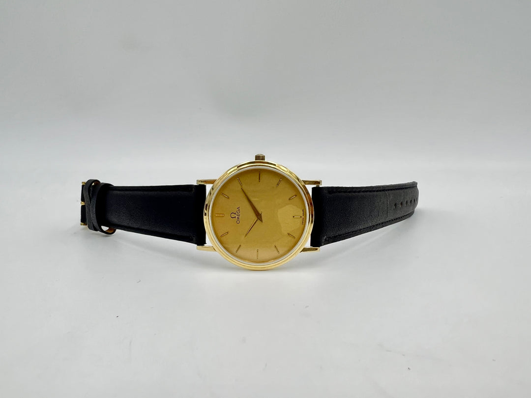 u275 Omega 1980s 14kt Gold Mineral Crystal Wrist Watch