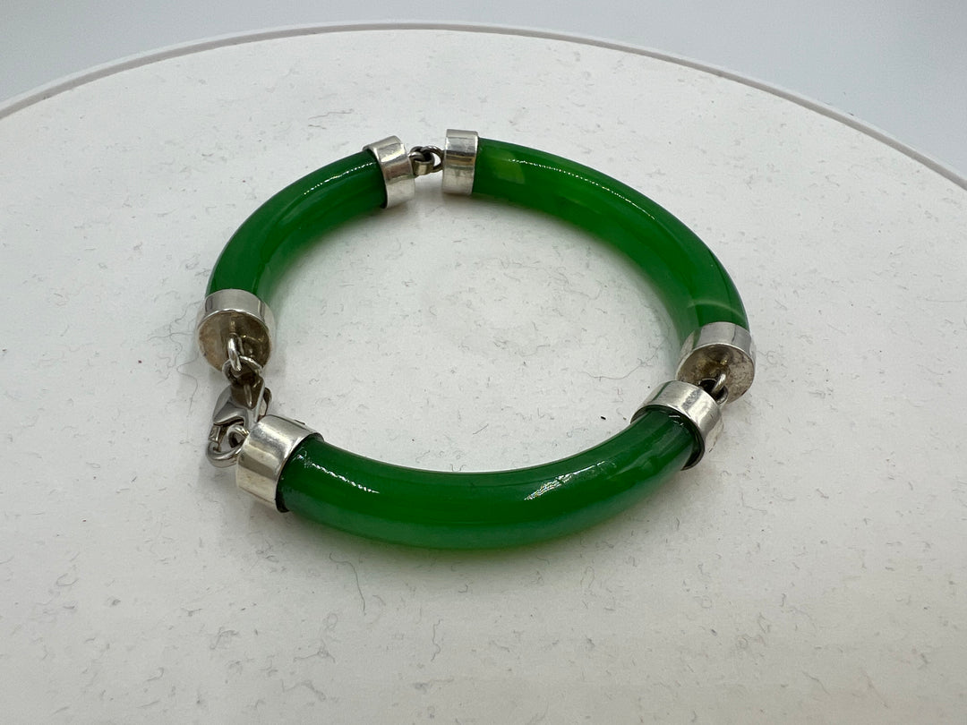 t677 Jade Green Sterling Silver Linked Bar Bracelet