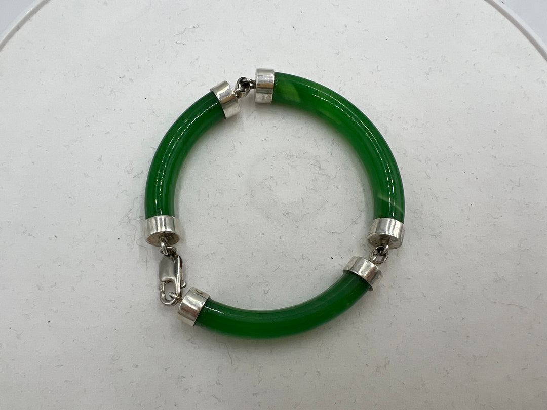 t677 Jade Green Sterling Silver Linked Bar Bracelet