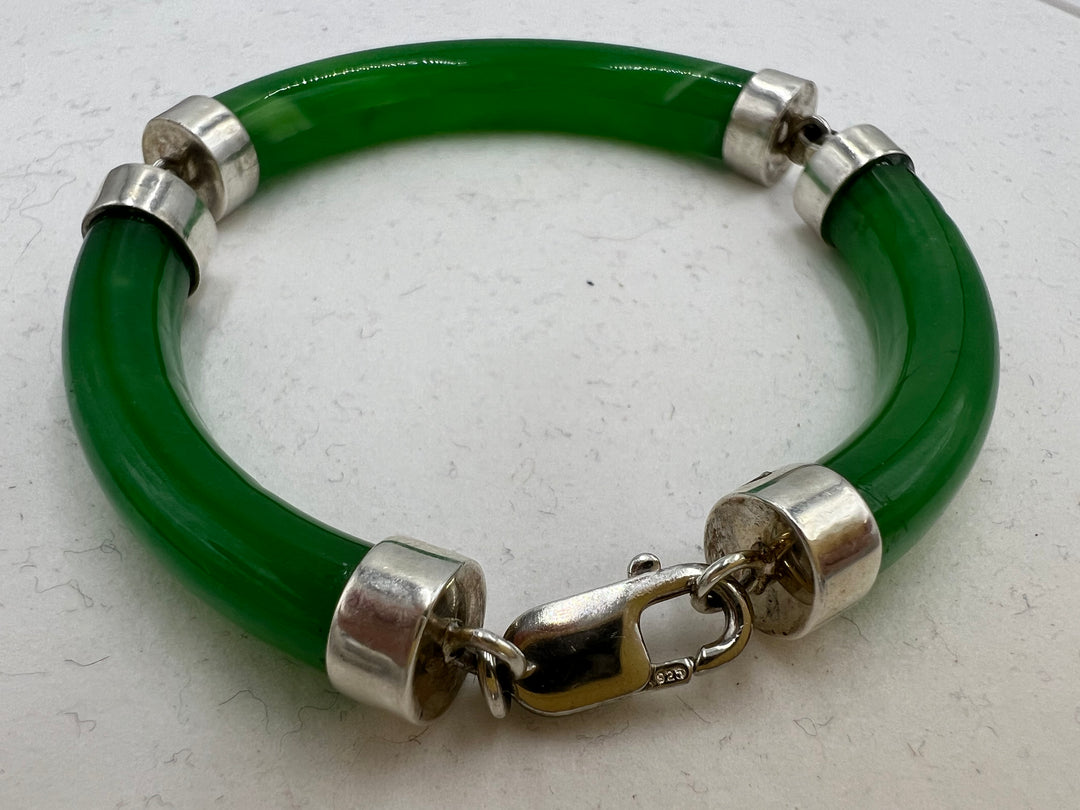 t677 Jade Green Sterling Silver Linked Bar Bracelet