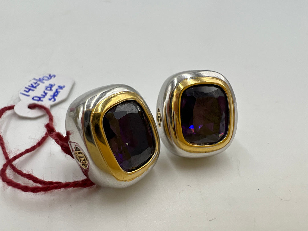 t718 Beautiful Gold and Sterling Silver Purple Stone Earrings