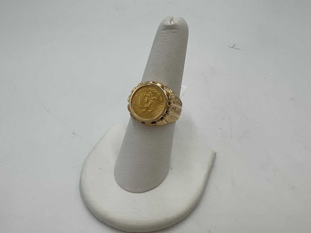 t779 Delicate Yellow Gold Dos Peso Coin Statement Ring