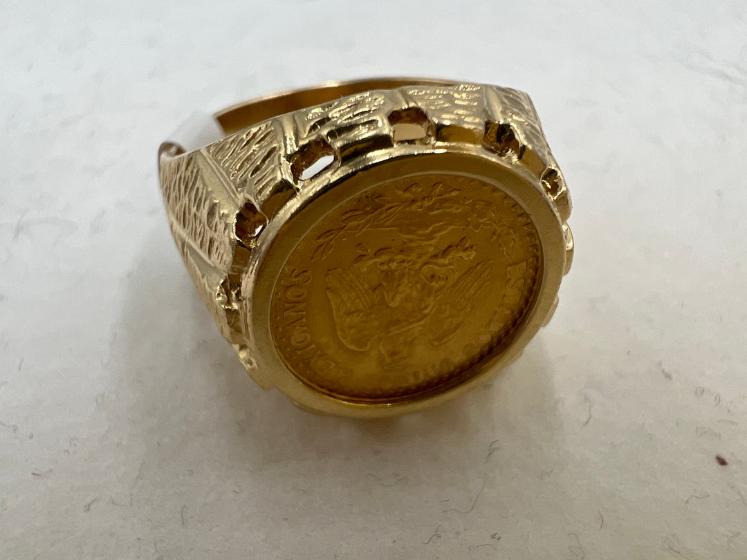 t779 Delicate Yellow Gold Dos Peso Coin Statement Ring