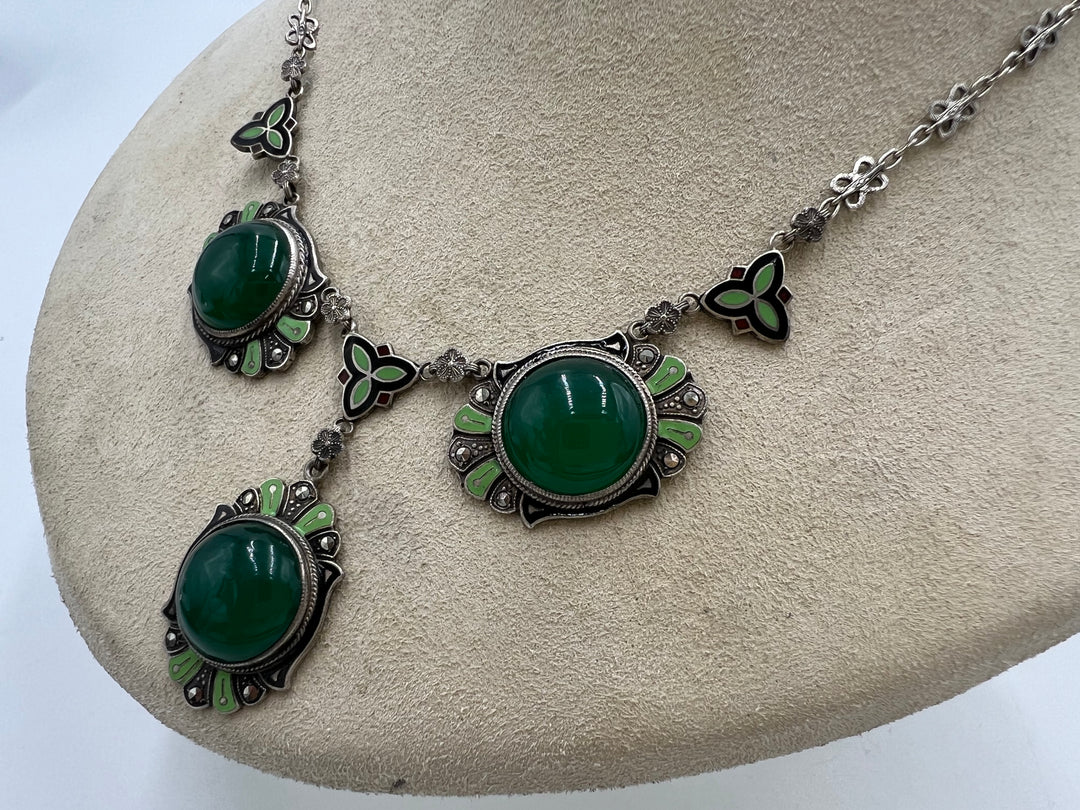 t837 Unique Sterling Silver Marcasite Chrysoprase Necklace