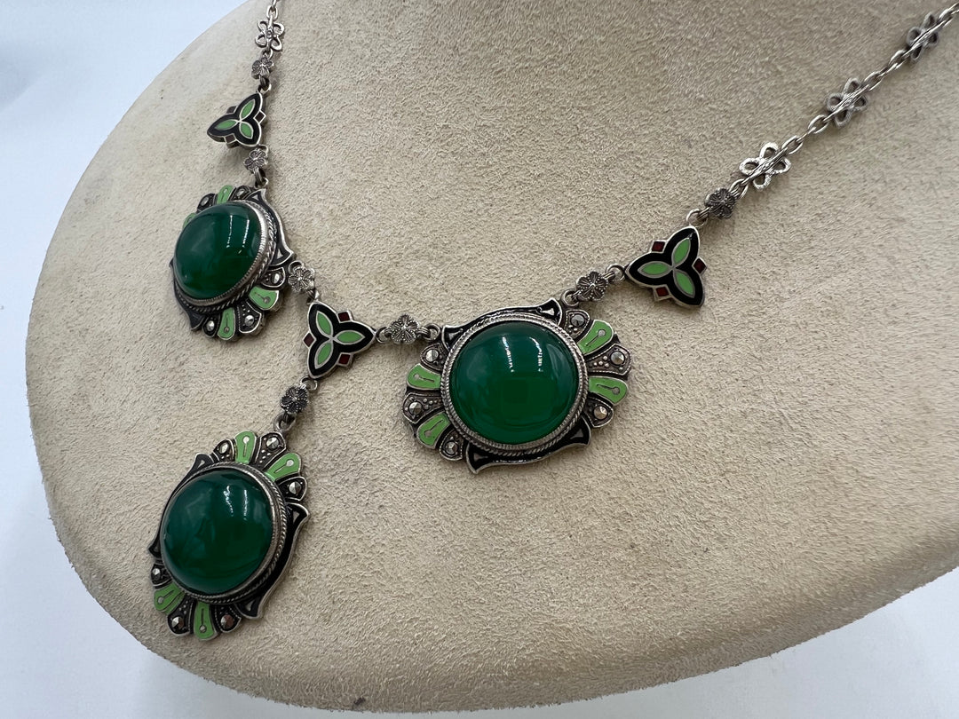 t837 Unique Sterling Silver Marcasite Chrysoprase Necklace