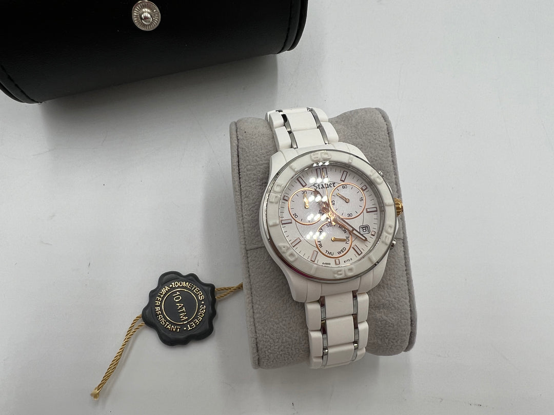 t851 Stauer Ladies 36mm White & Rose Gold Tone Silicone Watch