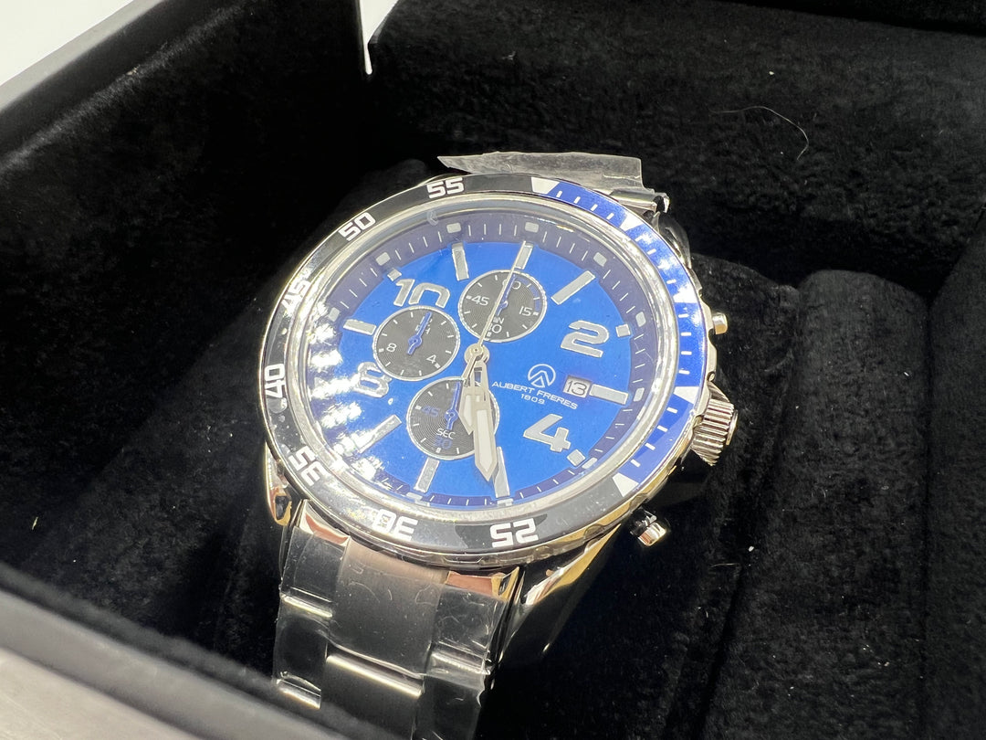 t855 Unique Aubert Freres Stainless Steel Blue Face Wrist Watch