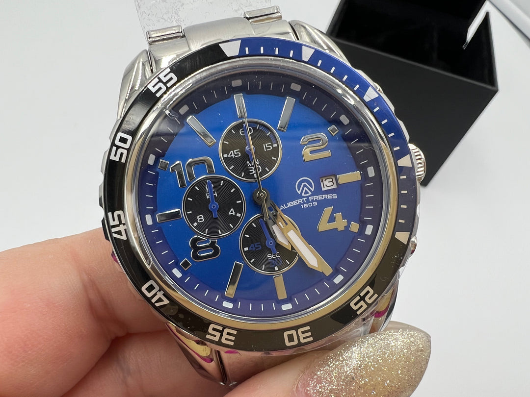 t855 Unique Aubert Freres Stainless Steel Blue Face Wrist Watch