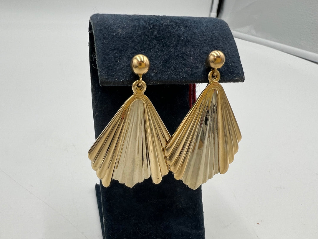 t886 Unique 14kt White Yellow Gold Fan Dangle Earrings