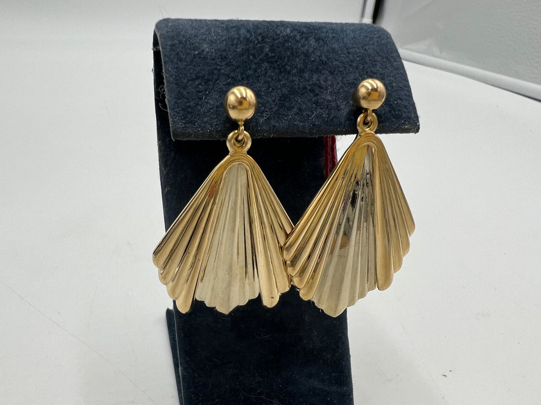 t886 Unique 14kt White Yellow Gold Fan Dangle Earrings