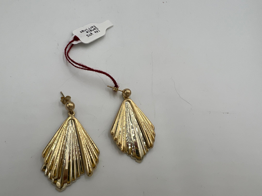 t886 Unique 14kt White Yellow Gold Fan Dangle Earrings