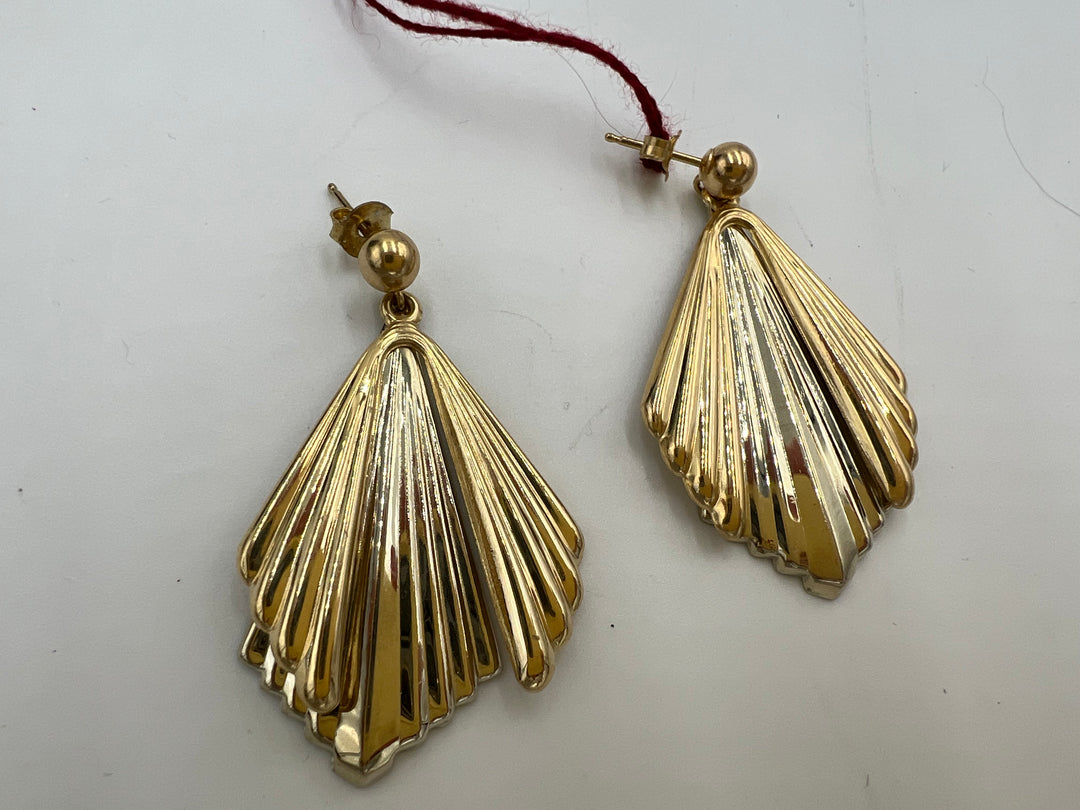 t886 Unique 14kt White Yellow Gold Fan Dangle Earrings