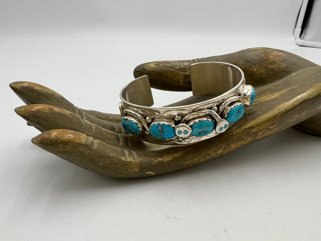 t934 Beautiful Zuni 925 Silver Turquoise Snake Cuff Bracelet