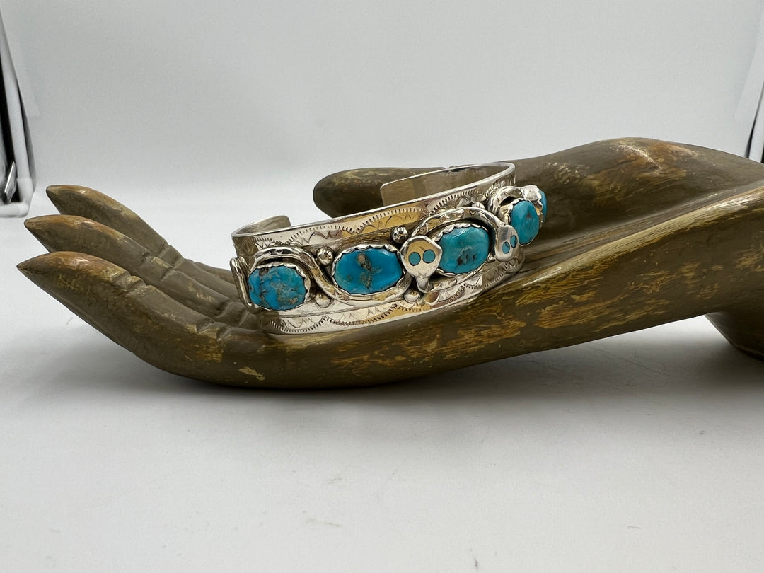 t934 Beautiful Zuni 925 Silver Turquoise Snake Cuff Bracelet