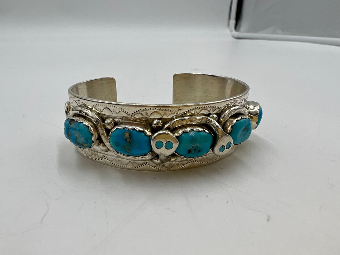 t934 Beautiful Zuni 925 Silver Turquoise Snake Cuff Bracelet