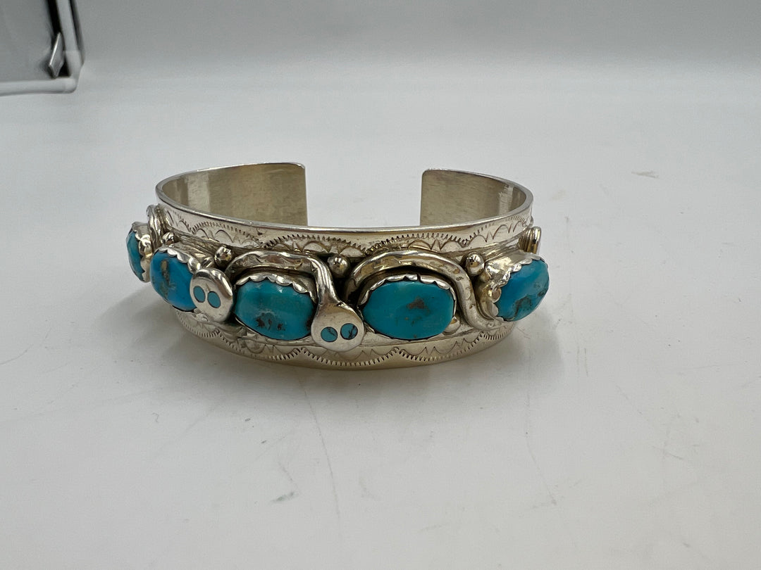 t934 Beautiful Zuni 925 Silver Turquoise Snake Cuff Bracelet