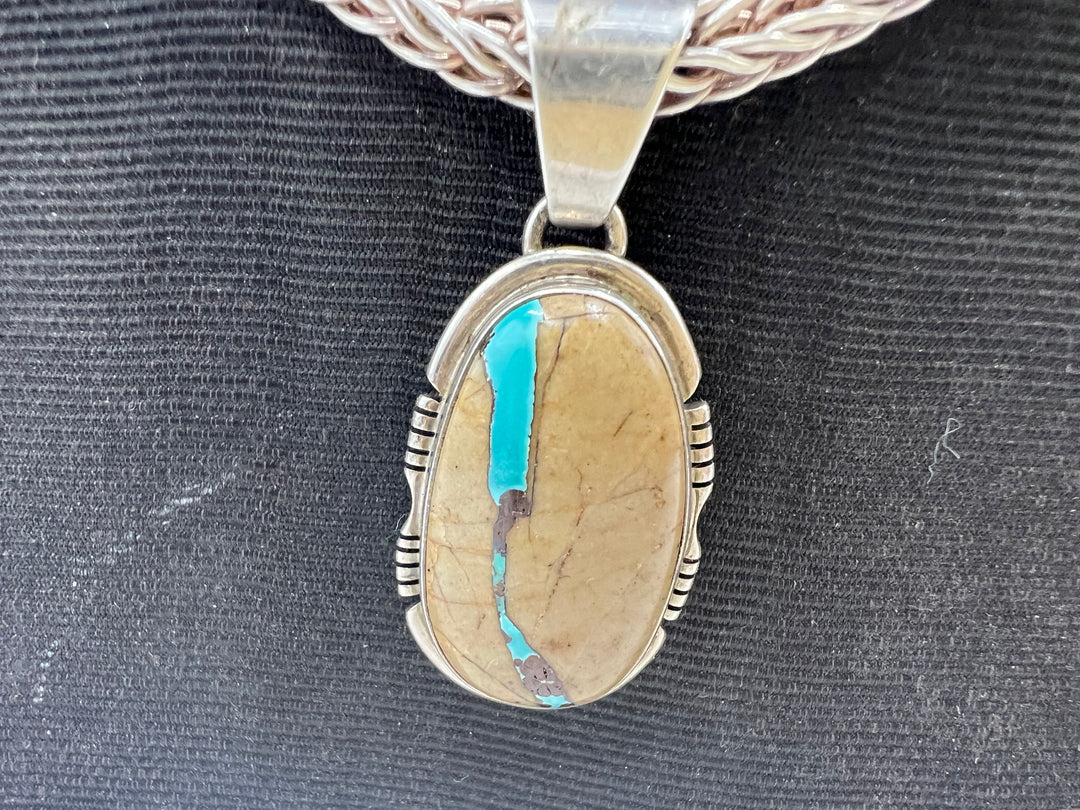 t949 Unique Navajo Sterling Silver Turquoise Pendant and Necklace