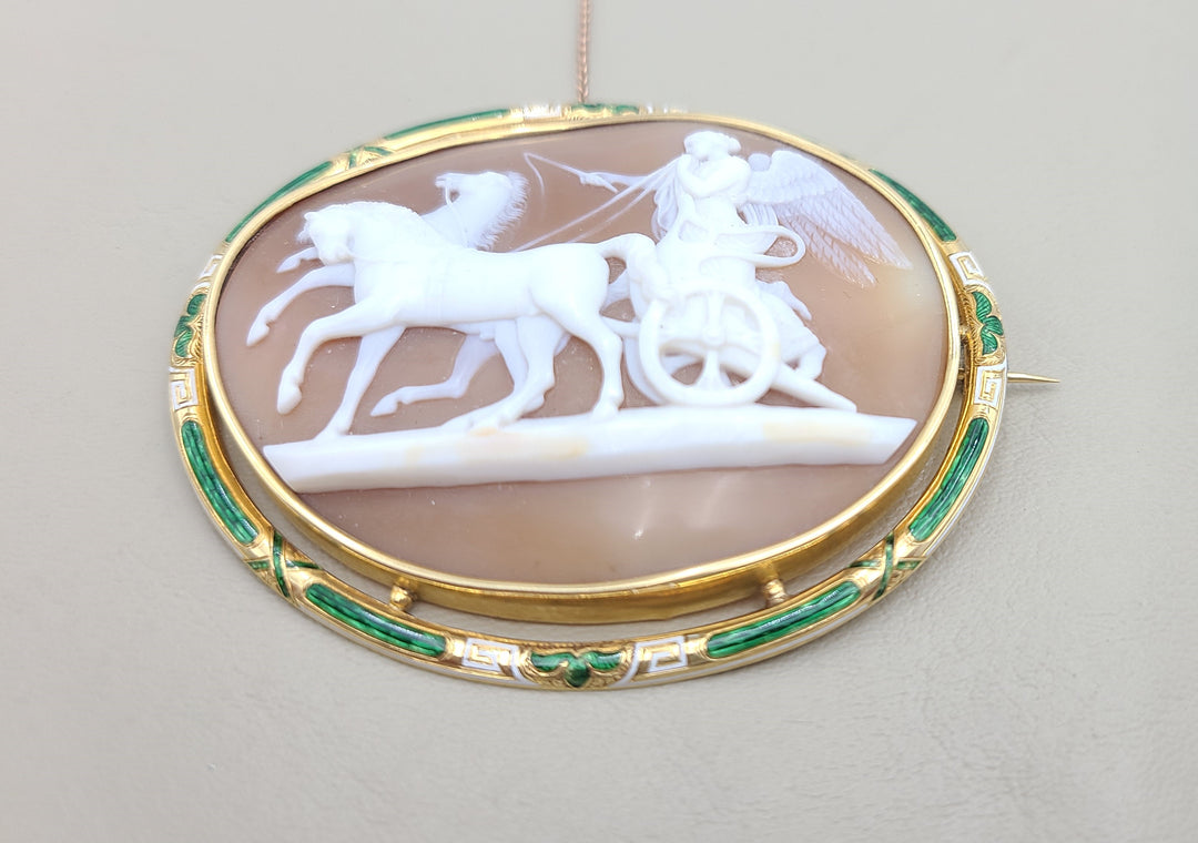 k936 Antique Winged Charioteer Carved Cameo and Enamel Brooch set in 14kt Yellow Gold