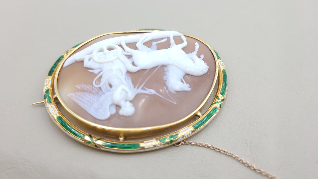 k936 Antique Winged Charioteer Carved Cameo and Enamel Brooch set in 14kt Yellow Gold