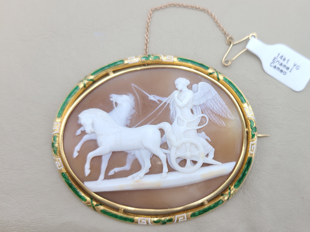 k936 Antique Winged Charioteer Carved Cameo and Enamel Brooch set in 14kt Yellow Gold