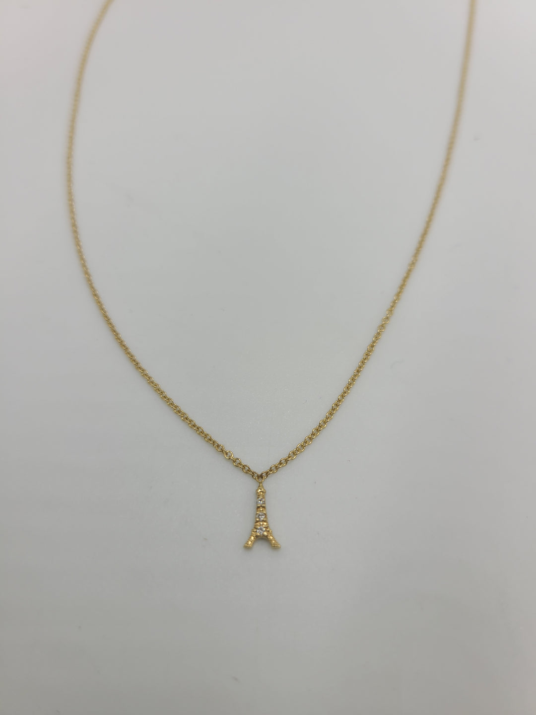 k756 Cute 14kt Yellow Gold Diamond Eiffel Tower Pendant and 16" Necklace