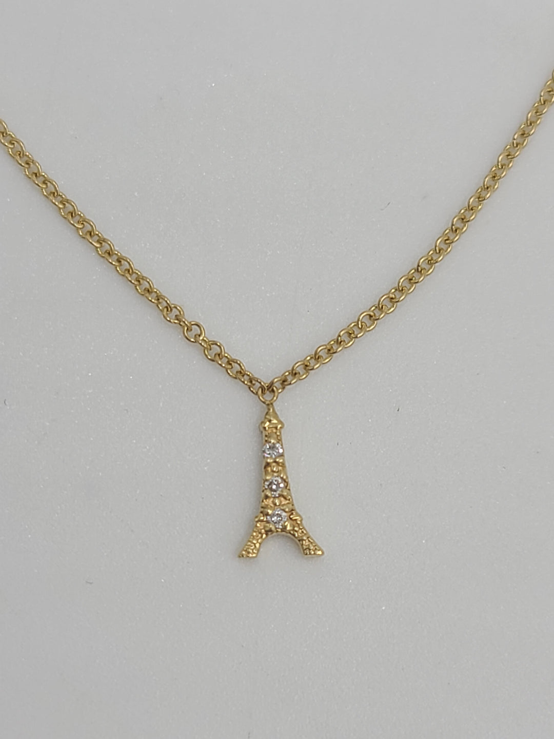 k756 Cute 14kt Yellow Gold Diamond Eiffel Tower Pendant and 16" Necklace