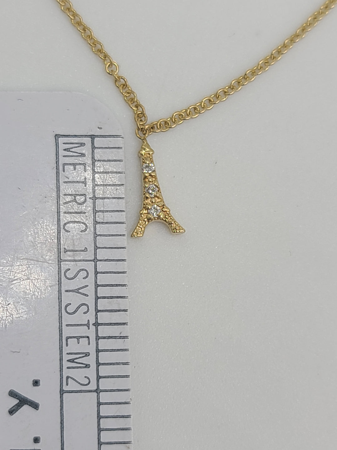 k756 Cute 14kt Yellow Gold Diamond Eiffel Tower Pendant and 16" Necklace