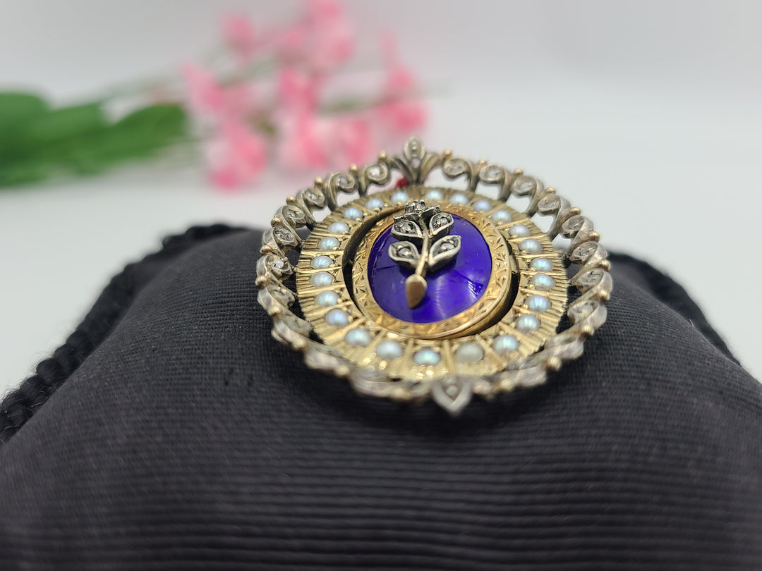 k817 Antique Victorian Movable Enamel Diamond Pearl Brooch/Pendant