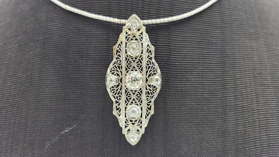 k976 Stunning Vintage Filigree Diamond Pendant in 14kt White Gold