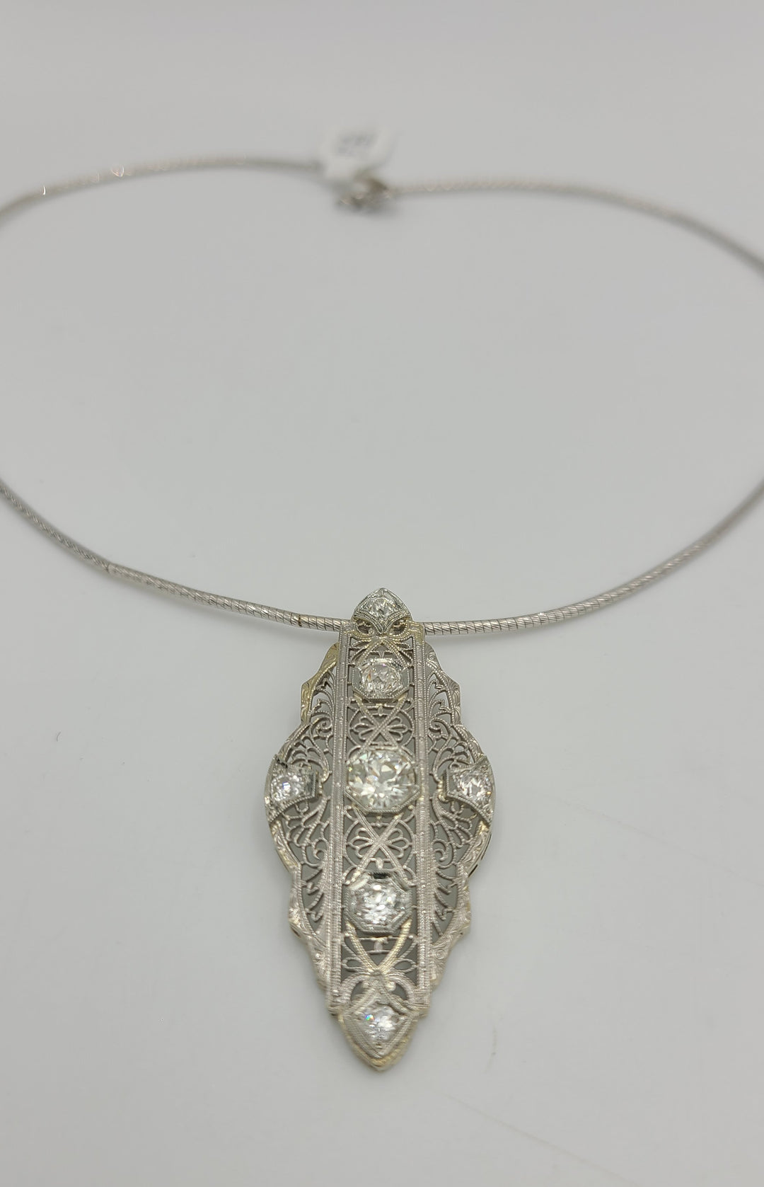 k976 Stunning Vintage Filigree Diamond Pendant in 14kt White Gold