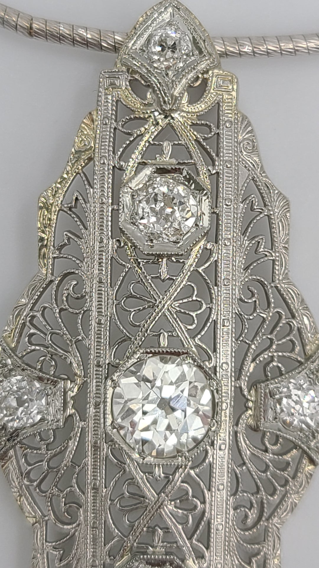 k976 Stunning Vintage Filigree Diamond Pendant in 14kt White Gold