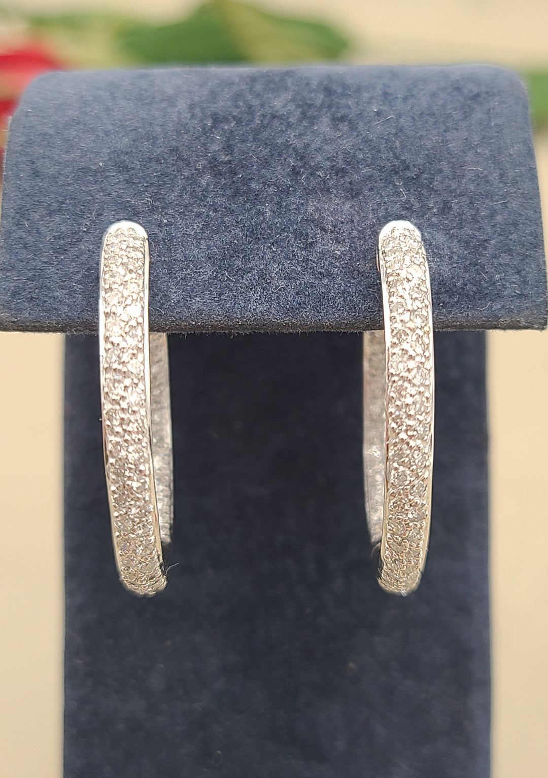 k910 Lovely Ladies 18kt White Gold Diamond In and Out Hoop Earrings