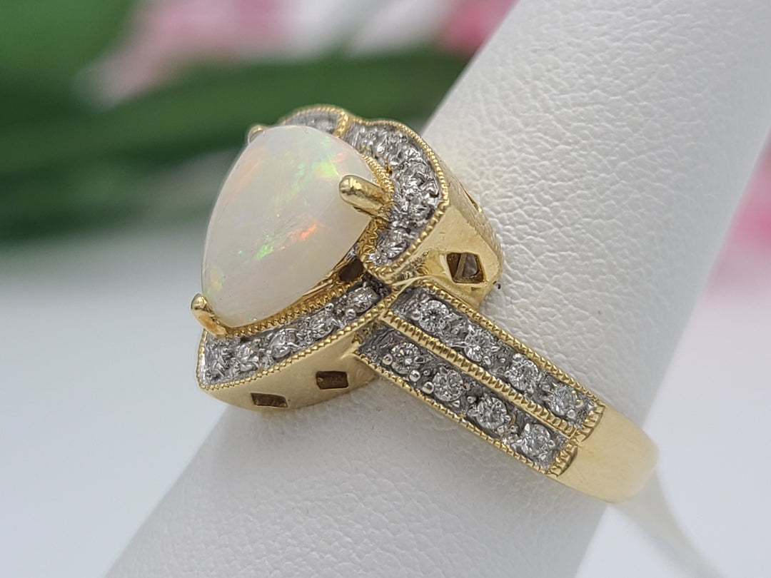 k805 Gorgeous 18kt Yellow Gold Trillion Shaped Opal and Diamond Ring