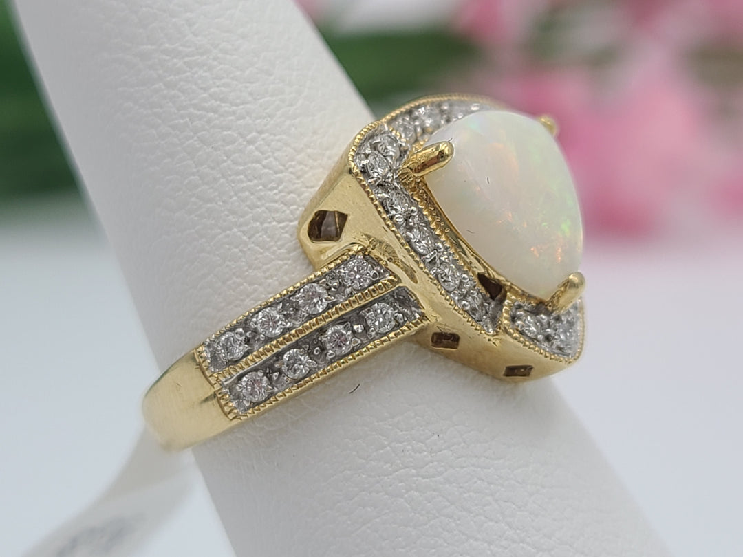 k805 Gorgeous 18kt Yellow Gold Trillion Shaped Opal and Diamond Ring