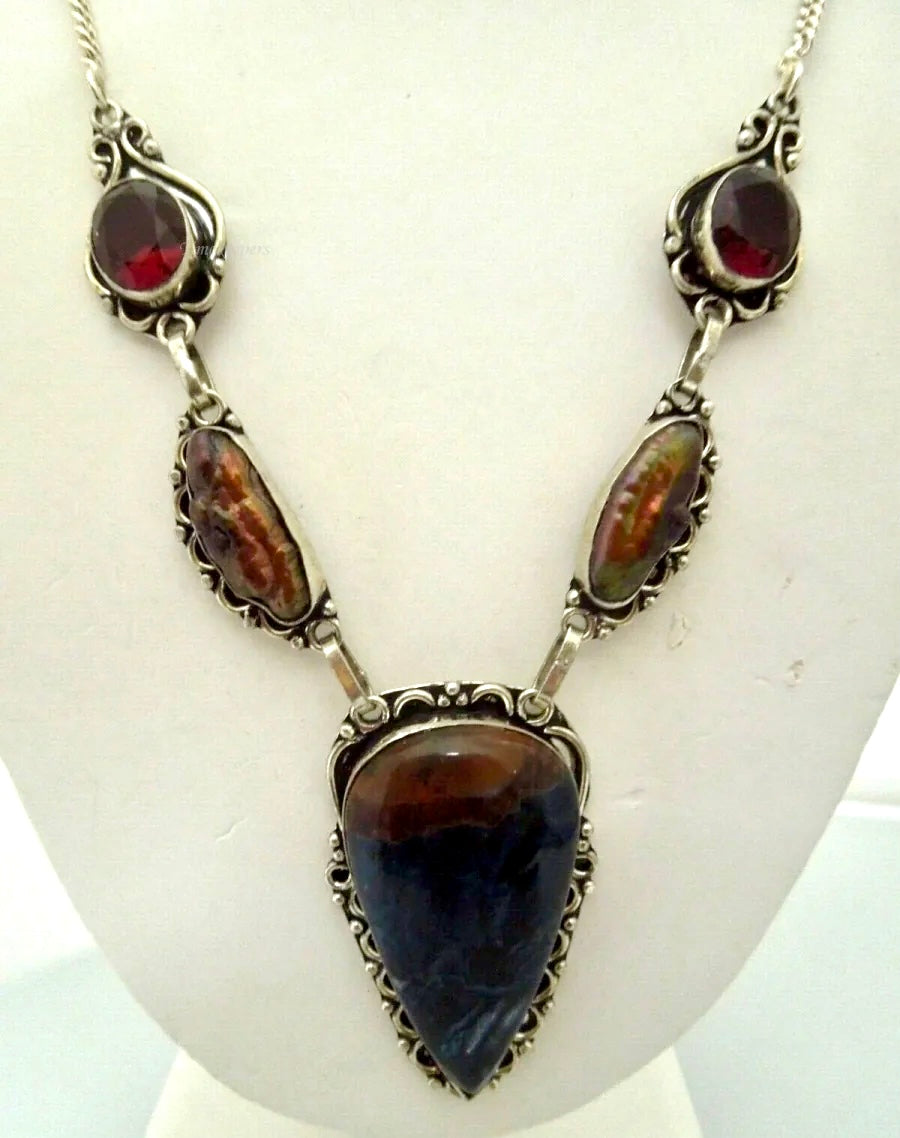 r627 Vintage Sterling Silver Multi Gemstone Necklace Sterling Silver Pendant 20"