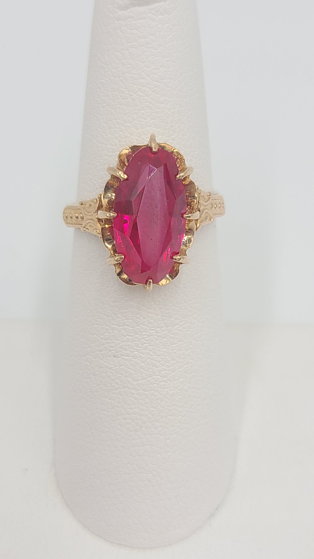 k963 Lovely Vintage 14kt Rose Gold Lab Created Ruby Ring