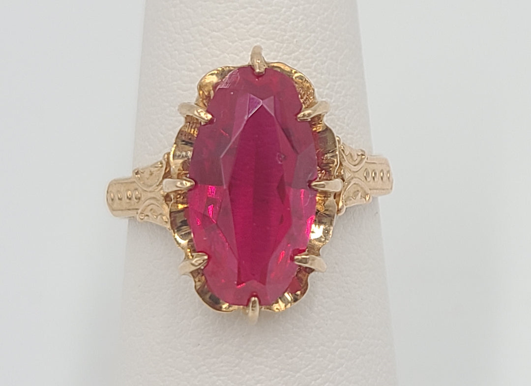 k963 Lovely Vintage 14kt Rose Gold Lab Created Ruby Ring