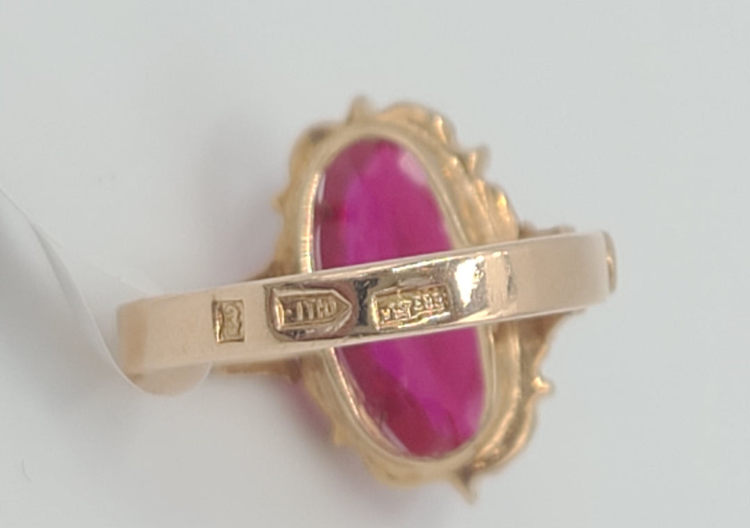 k963 Lovely Vintage 14kt Rose Gold Lab Created Ruby Ring