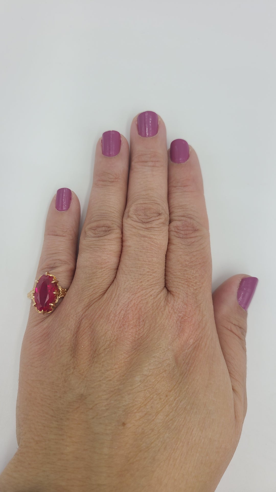 k963 Lovely Vintage 14kt Rose Gold Lab Created Ruby Ring