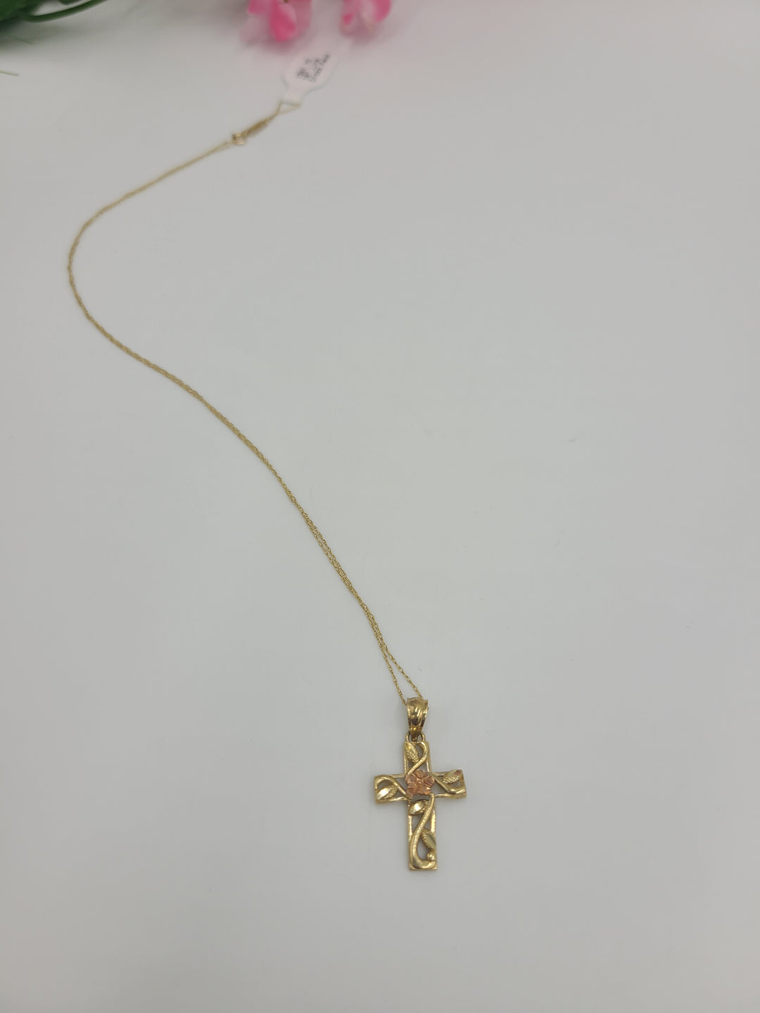 k711 Dainty Ladies 10kt Yellow & Rose Gold Cross Pendant and 18" Link Chain